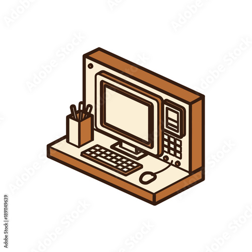 A minimalist vector illustration of a computer desk setup with a monitor, keyboard, mouse, and pencil holder, perfect for digital art and office themes