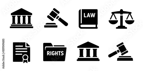 Collection of black icons depicting legal and justice symbols including courthouse, gavel, law book, scales of justice, and certificate for legal proceedings