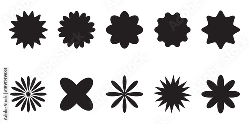 Collection of abstract starburst and flower shapes in various irregular, stylized forms, decorative elements.
