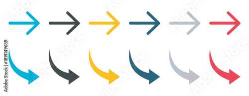 Collection of colorful arrows pointing right and down curved arrows set blue gray yellow dark blue light gray red vector elements