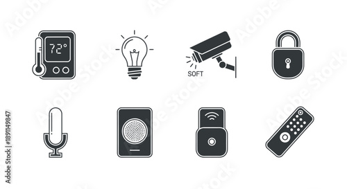 Smart home technology icons thermostat lightbulb camera lock microphone speaker remote
