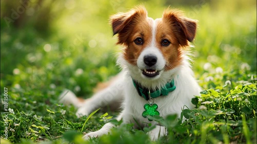 Happy dog with green collar with shamrock tag lying on lush green grass in a sunny park. St. Patrick's Day concept