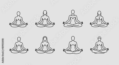 Meditating human figures in various poses simple line art for wellness