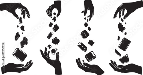 Hands dropping and catching broken phone pieces in silhouette