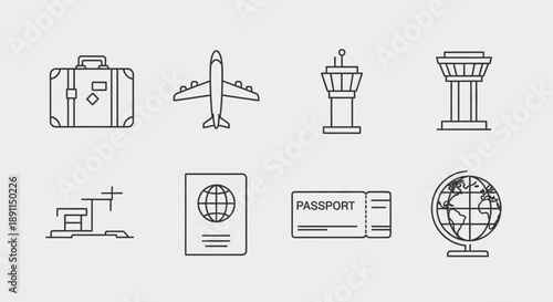 Travel and aviation icon set airplane suitcase airport tower globe passport