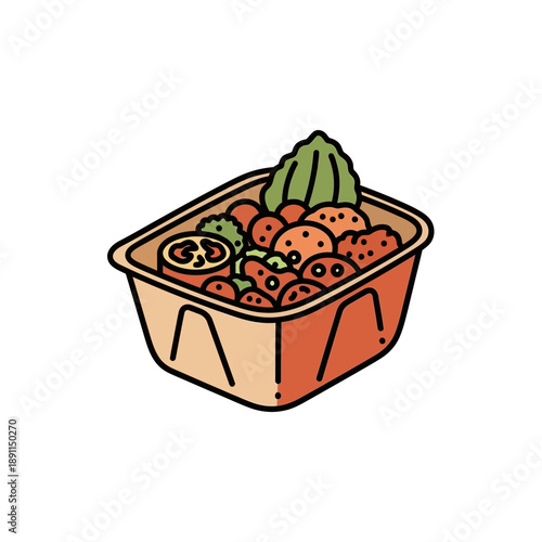 Engaging minimalist vector graphic depicting a healthy, fresh takeaway meal in a compostable container, ideal for explainer video segments on nutrition and sustainable food choices