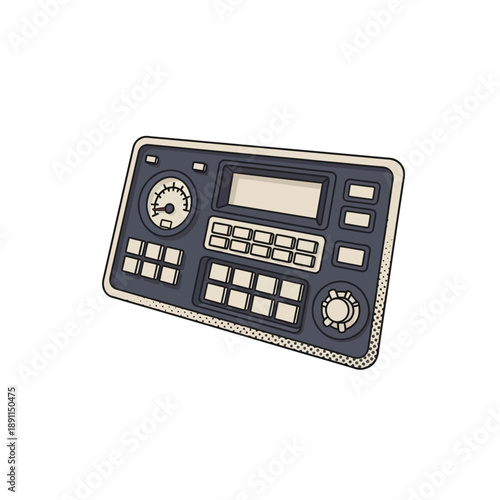 Vector illustration of a retro-futuristic control panel with buttons and a gauge, minimalist design for sci-fi interfaces