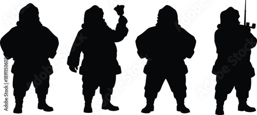Set of Santa Claus silhouettes featuring various poses including ringing a bell and standing with hands on hips isolated on white