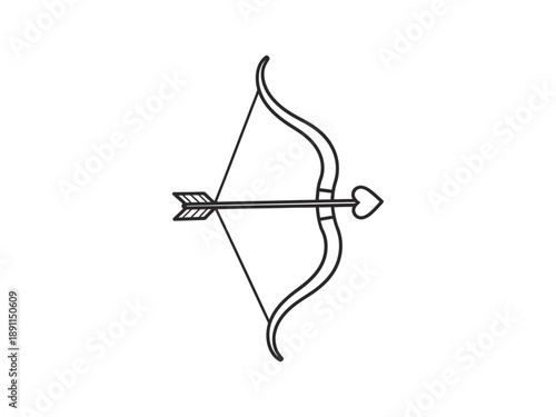 Minimalist line drawing of a bow and arrow with a heart-shaped arrowhead, symbolizing love, Cupid, or a romantic pursuit.