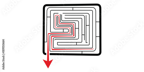 A square maze with a red path and arrow on white background