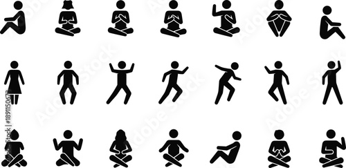 Set of stick figure icons depicting people in various sitting, meditating, yoga poses, standing, dancing, and active lifestyle body movements.