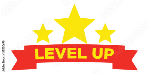 Colorful level up badge with stars isolated on white background