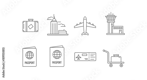 Travel and aviation icon set suitcase plane passport airport control tower