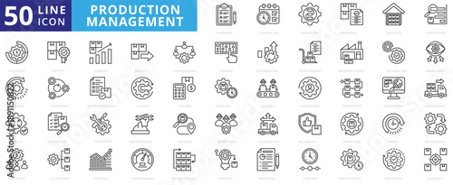 production management icon pack outline contains planning, scheduling, workflow, inventory, logistics, forecasting, efficiency, process, capacity, resources, procurement, optimization, utilization