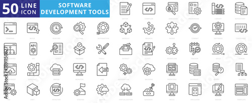 software development tools icon pack outline contains versioning, flow chart, refactor, merge, mock, sandbox, ide, editor, compiler, debugger, framework, library, repository, terminal, deployment