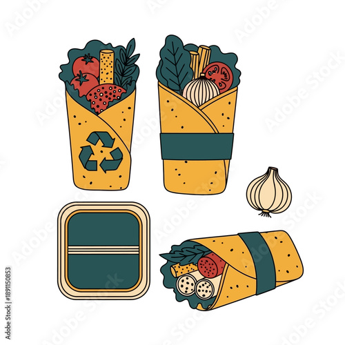 Healthy and Sustainable Food Wraps Vector Illustration Set. Delicious Vegetarian Meal Prep with Eco-Friendly Recycling Symbol and Fresh Ingredients