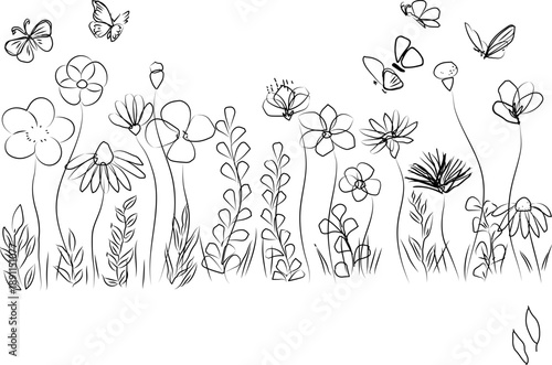 Hand-Drawn Wildflower Line Art with Butterflies