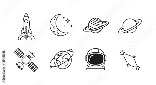 Set of space exploration elements rocket planets astronaut and celestial bodies