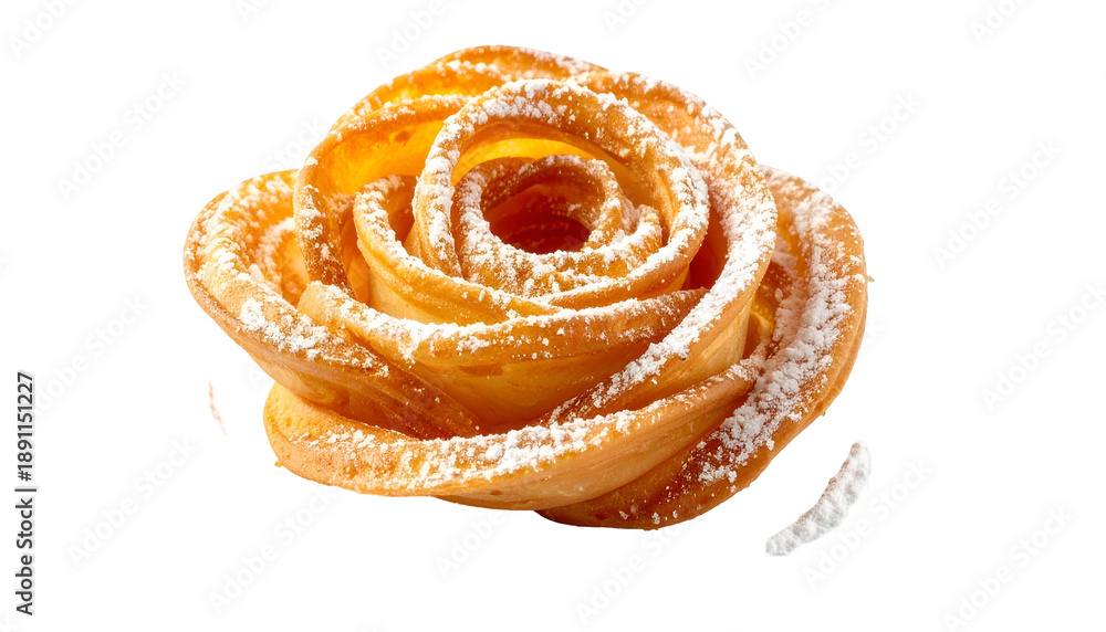 Fototapeta premium Close-up of a pastry artfully shaped and sugared to resemble a rose on black