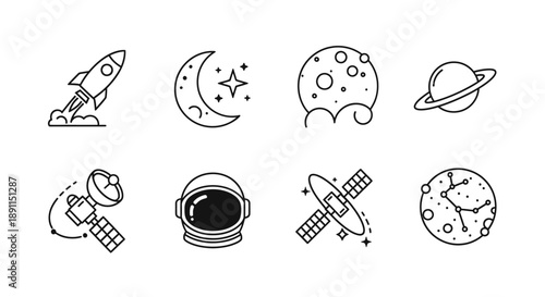Astronomy and space icons set rocket moon planet satellite and stars