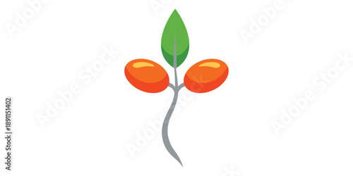 Vibrant illustration of a plant sprout with green leaf and orange seeds isolated on white background