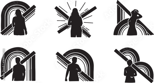 Silhouette of people with rainbow and sword graphic design