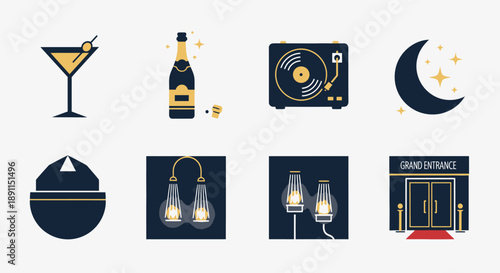 Set of nightlife and entertainment icons for design projects on white