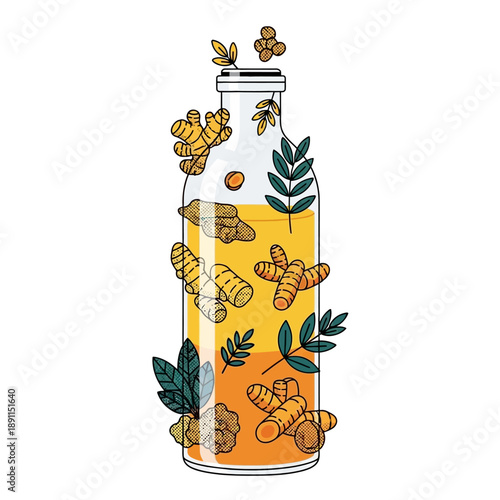 Illustration of a glass bottle filled with turmeric infused liquid and fresh turmeric roots and leaves, a vibrant and healthy beverage concept, vector art