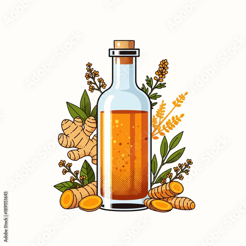 Vector illustration of a modern botanical composition featuring natural turmeric and ginger roots alongside a bottle of golden herbal extract oil, highlighting health and wellness ingredients