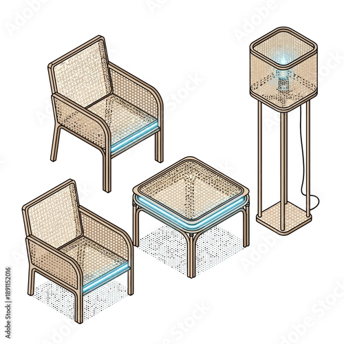 Isometric Vector Illustration of Modern Rattan Outdoor Furniture Set. Elegant Chairs, Stylish Coffee Table, and Unique LED Floor Lamp Design for Contemporary Living