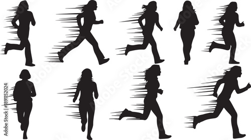 Silhouettes of people running in various dynamic poses fast