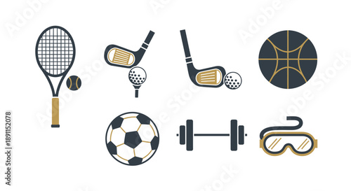 Sports equipment collection tennis racket golf clubs basketball and more