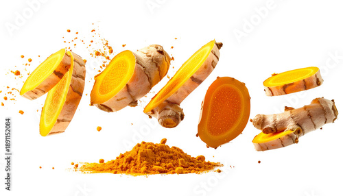 Brightly lit slices of a golden root with powder on black background