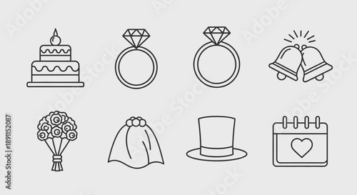Wedding symbols set ring cake bouquet veil bell and top hat icons