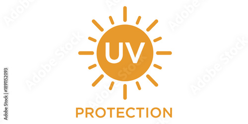 Uv protection symbol with orange sun and white letters on white background