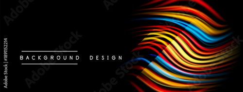 Abstract colorful lines form dynamic wave pattern. Black background enhances vibrant visual impact. Modern design element.