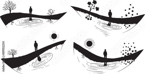 Silhouette of a person standing on a crescent shaped island