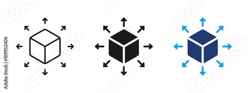 Cube with arrows pointing outwards, symbol for expansion, distribution, scaling, and growth, concept for product release, logistics, and data management, 3d object with direction indicator vector