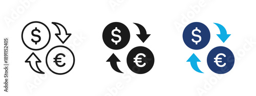Currency exchange icon showing dollar and euro coins with arrows, representing financial transactions, forex trading, money conversion, and global commerce