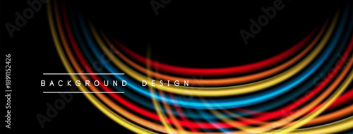 Abstract colorful waves, dynamic lines, flowing shapes. Black background emphasizes vibrant curves, modern design element.