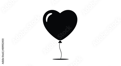 A black heart shaped balloon floats gently against a white background silhouette