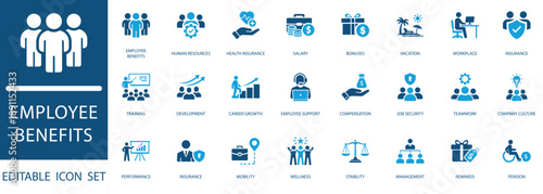 Employee Benefits Icon Set. featuring human Resources, Health Insurance, Career Growth, Teamwork, Workplace Wellness, and Corporate Management Concepts.