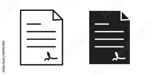 Document icon with signature outline and filled versions representing contract or legal paper vector illustration
