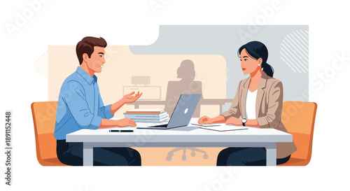Business meeting between a man and a woman at a desk