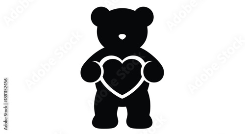A black bear holding a heart shape simple graphic silhouette