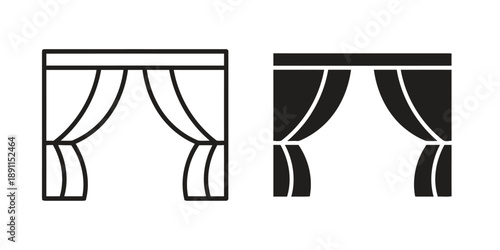 Drapery outline and filled icon representing stage curtains opening or closing for performance or event backdrop, two styles