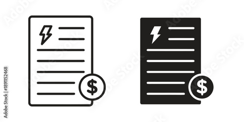 Electricity bill with dollar symbol icon set, representing energy cost invoice and payment for power consumption, financial concept graphic