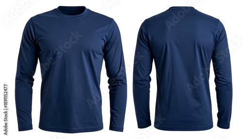 Front and back views of a plain, long-sleeved, navy blue shirt, studio shot