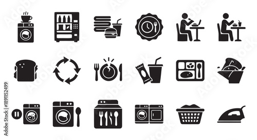 Everyday life icons set laundry washing machine vending machine meal service table setting eating at table sandwich recycle broken plate drinks tray meal tray bucket food basket iron clothes