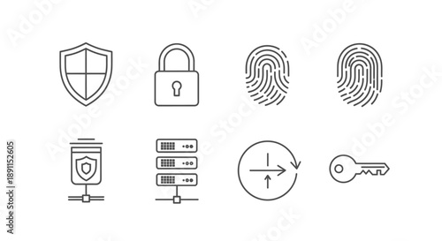 Security icons shield lock fingerprints server key and data protection